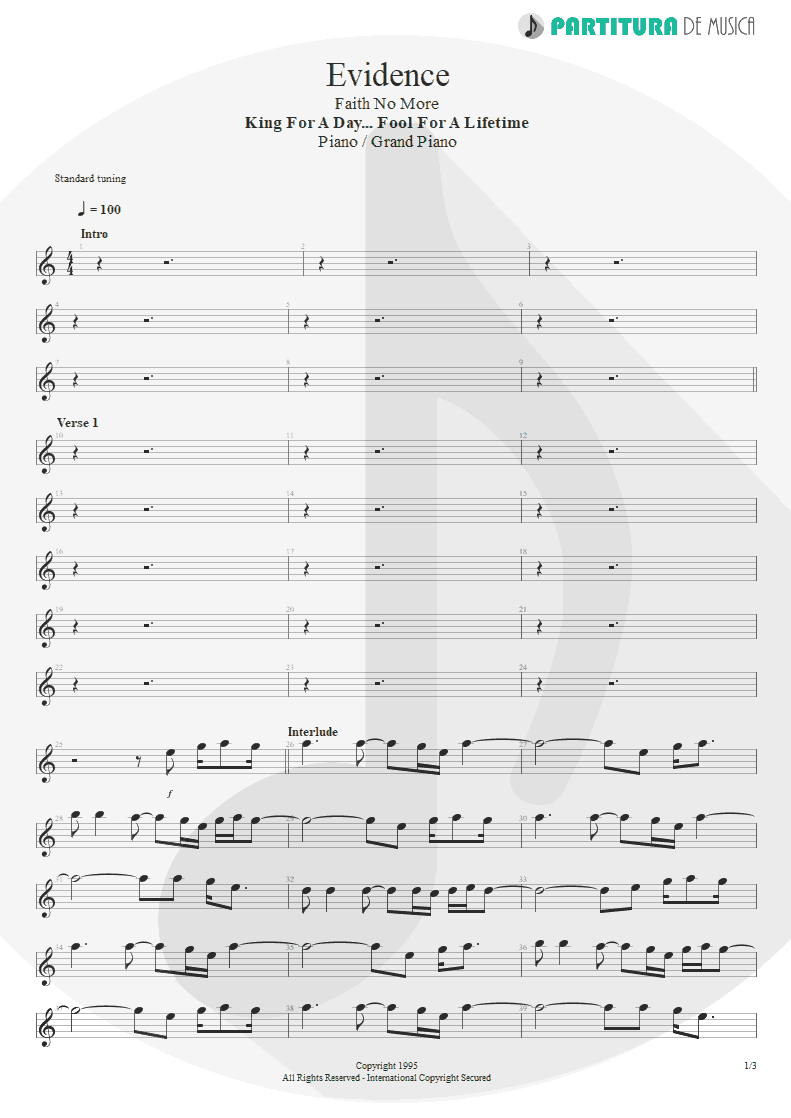 Partitura de musica de Piano - Evidence | Faith No More | King for a Day... Fool for a Lifetime 1995 - pag 1