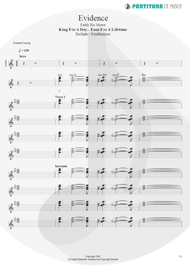 Partitura de musica de Teclado - Evidence | Faith No More | King for a Day... Fool for a Lifetime 1995 - pag 1