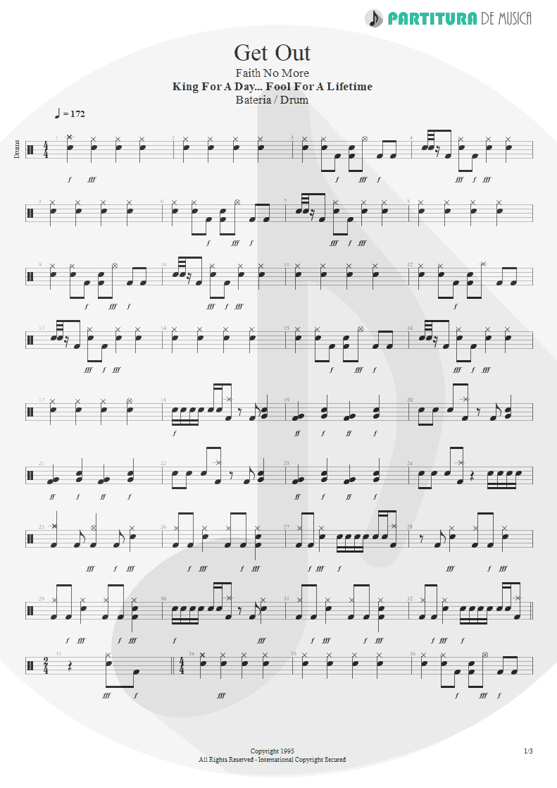 Partitura de musica de Bateria - Get Out | Faith No More | King for a Day... Fool for a Lifetime 1995 - pag 1