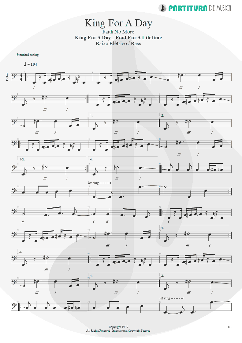 Partitura de musica de Baixo Elétrico - King For A Day | Faith No More | King for a Day... Fool for a Lifetime 1995 - pag 1