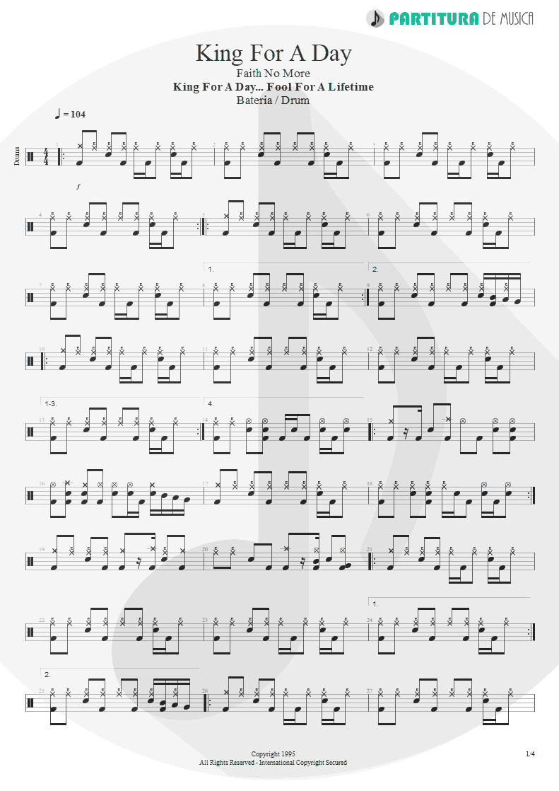 Partitura de musica de Bateria - King For A Day | Faith No More | King for a Day... Fool for a Lifetime 1995 - pag 1