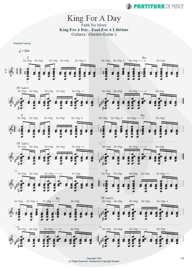 Partitura de musica de Guitarra Elétrica - King For A Day | Faith No More | King for a Day... Fool for a Lifetime 1995 - pag 1