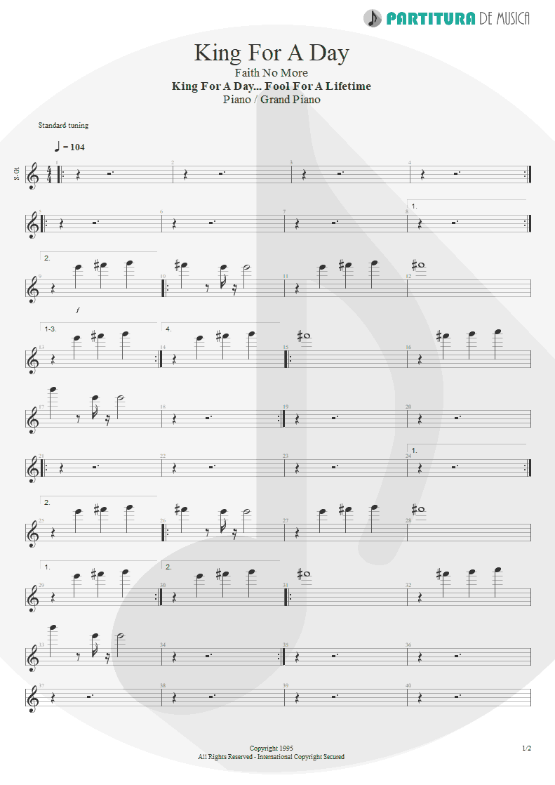 Partitura de musica de Piano - King For A Day | Faith No More | King for a Day... Fool for a Lifetime 1995 - pag 1