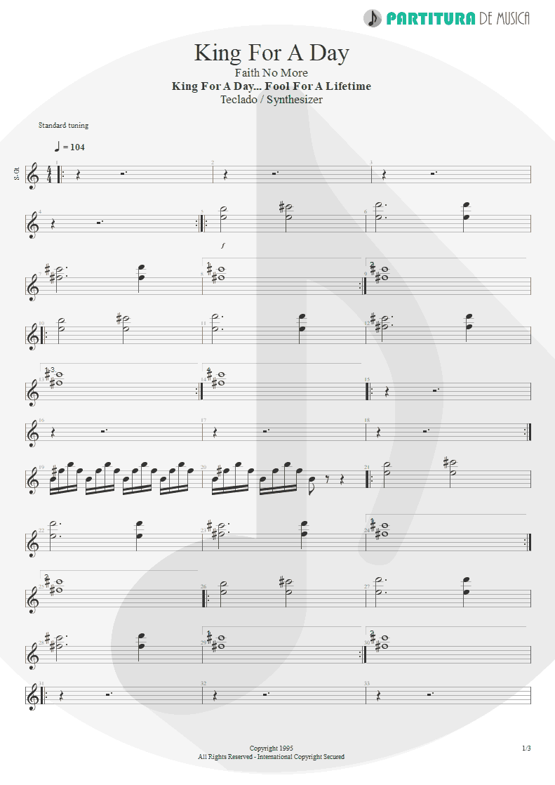 Partitura de musica de Teclado - King For A Day | Faith No More | King for a Day... Fool for a Lifetime 1995 - pag 1