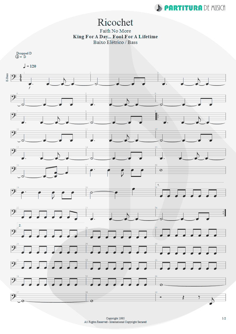 Partitura de musica de Baixo Elétrico - Ricochet | Faith No More | King for a Day... Fool for a Lifetime 1995 - pag 1