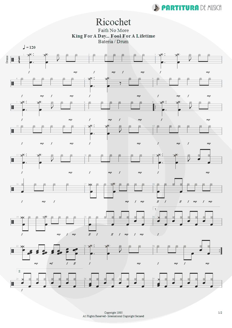 Partitura de musica de Bateria - Ricochet | Faith No More | King for a Day... Fool for a Lifetime 1995 - pag 1