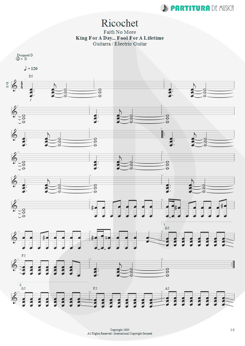 Partitura de musica de Guitarra Elétrica - Ricochet | Faith No More | King for a Day... Fool for a Lifetime 1995 - pag 1