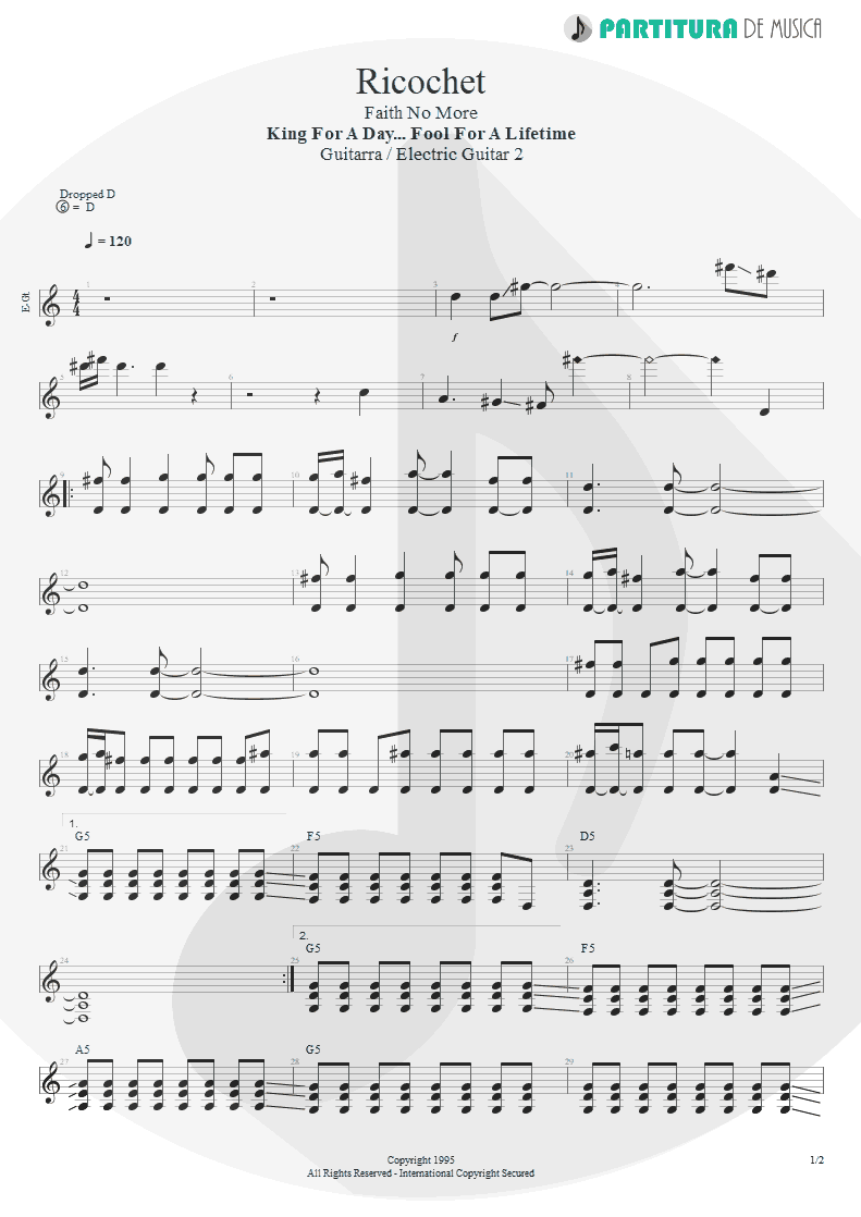 Partitura de musica de Guitarra Elétrica - Ricochet | Faith No More | King for a Day... Fool for a Lifetime 1995 - pag 1