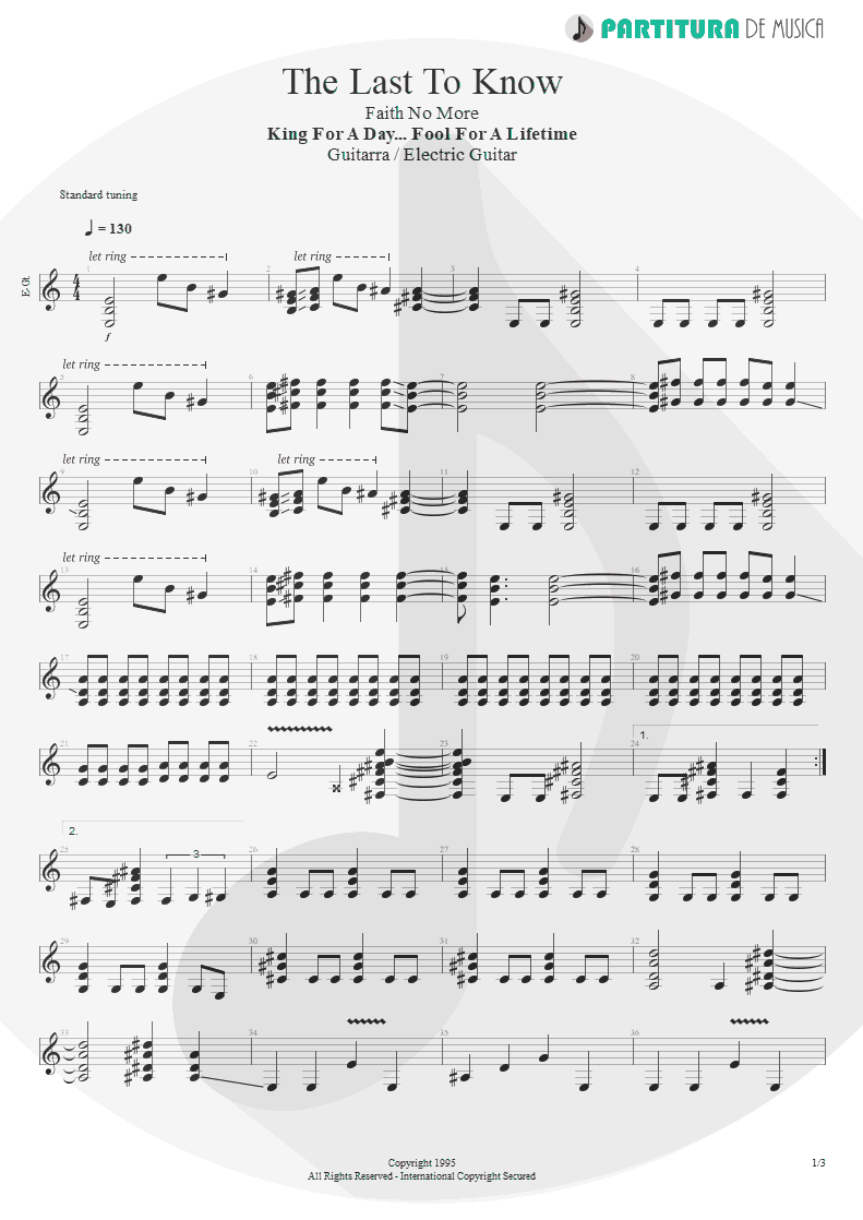 Partitura de musica de Guitarra Elétrica - The Last To Know | Faith No More | King for a Day... Fool for a Lifetime 1995 - pag 1