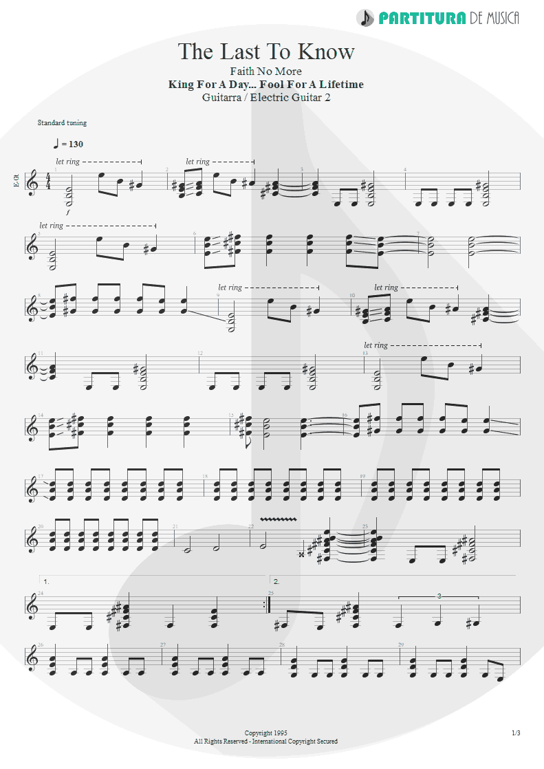 Partitura de musica de Guitarra Elétrica - The Last To Know | Faith No More | King for a Day... Fool for a Lifetime 1995 - pag 1