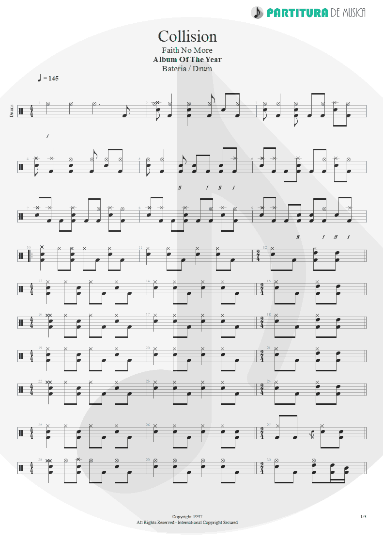 Partitura de musica de Bateria - Collision | Faith No More | Album of the Year 1997 - pag 1