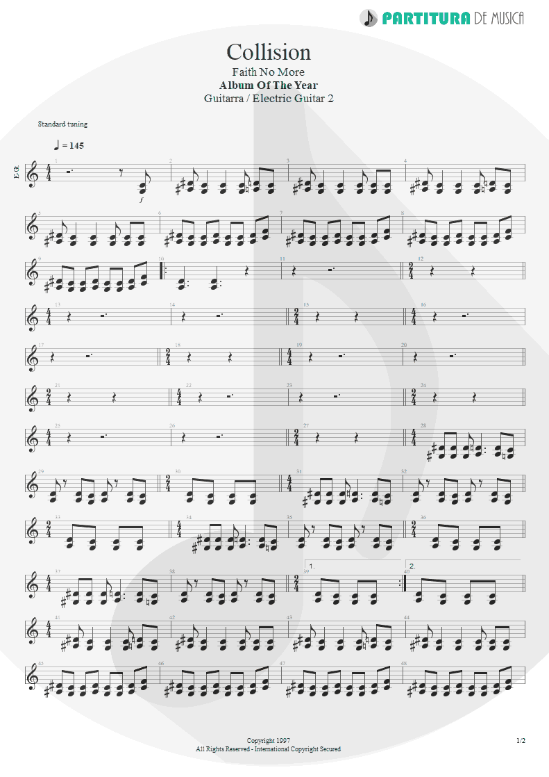 Partitura de musica de Guitarra Elétrica - Collision | Faith No More | Album of the Year 1997 - pag 1