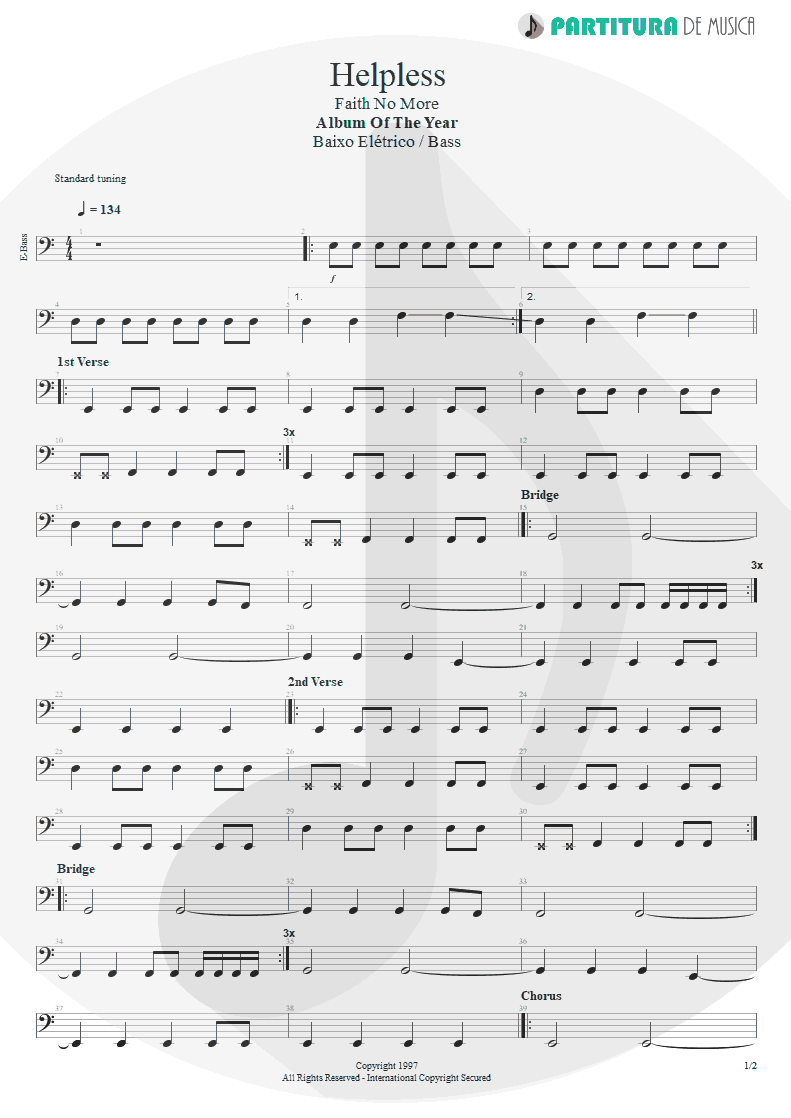 Partitura de musica de Baixo Elétrico - Helpless | Faith No More | Album of the Year 1997 - pag 1