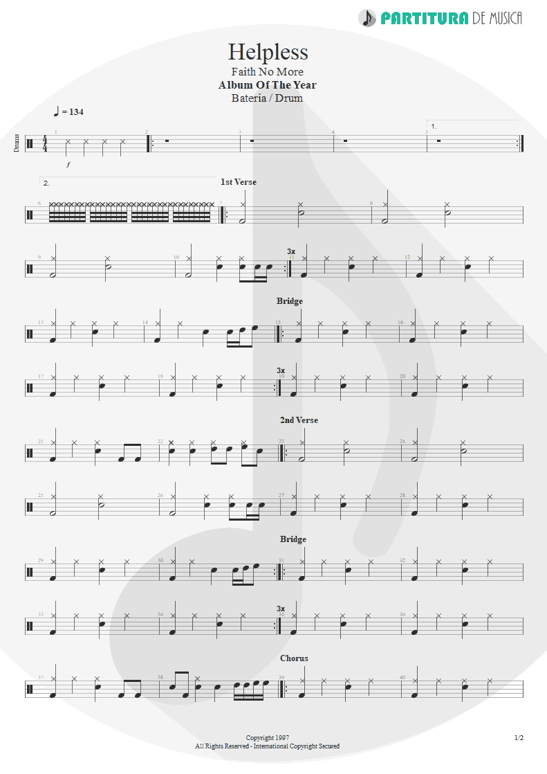Partitura de musica de Bateria - Helpless | Faith No More | Album of the Year 1997 - pag 1