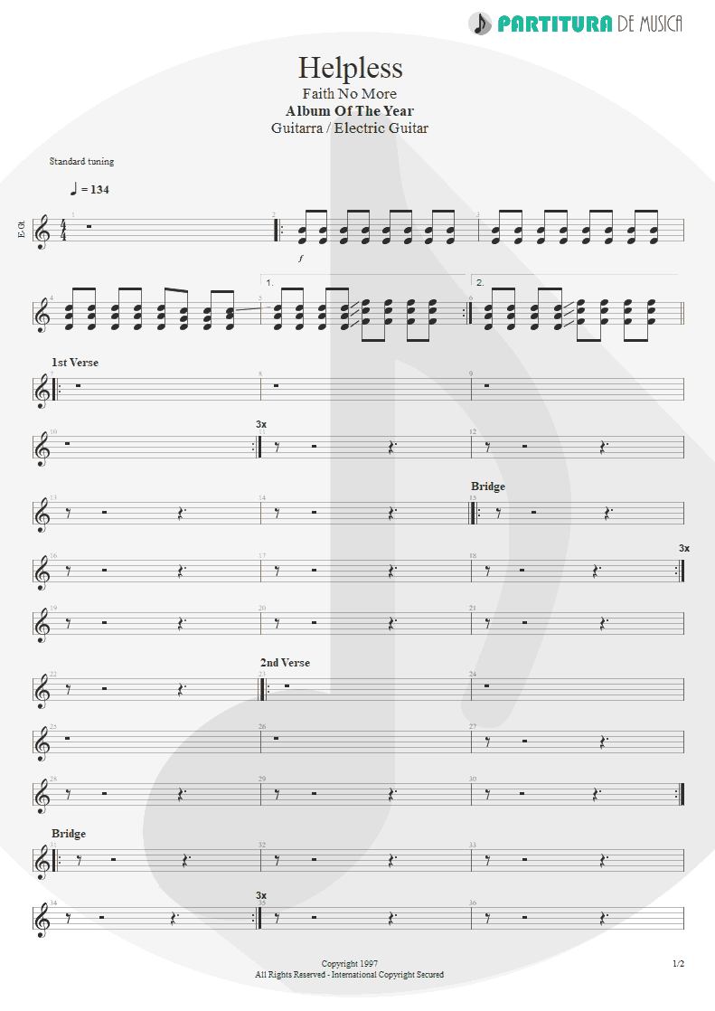 Partitura de musica de Guitarra Elétrica - Helpless | Faith No More | Album of the Year 1997 - pag 1