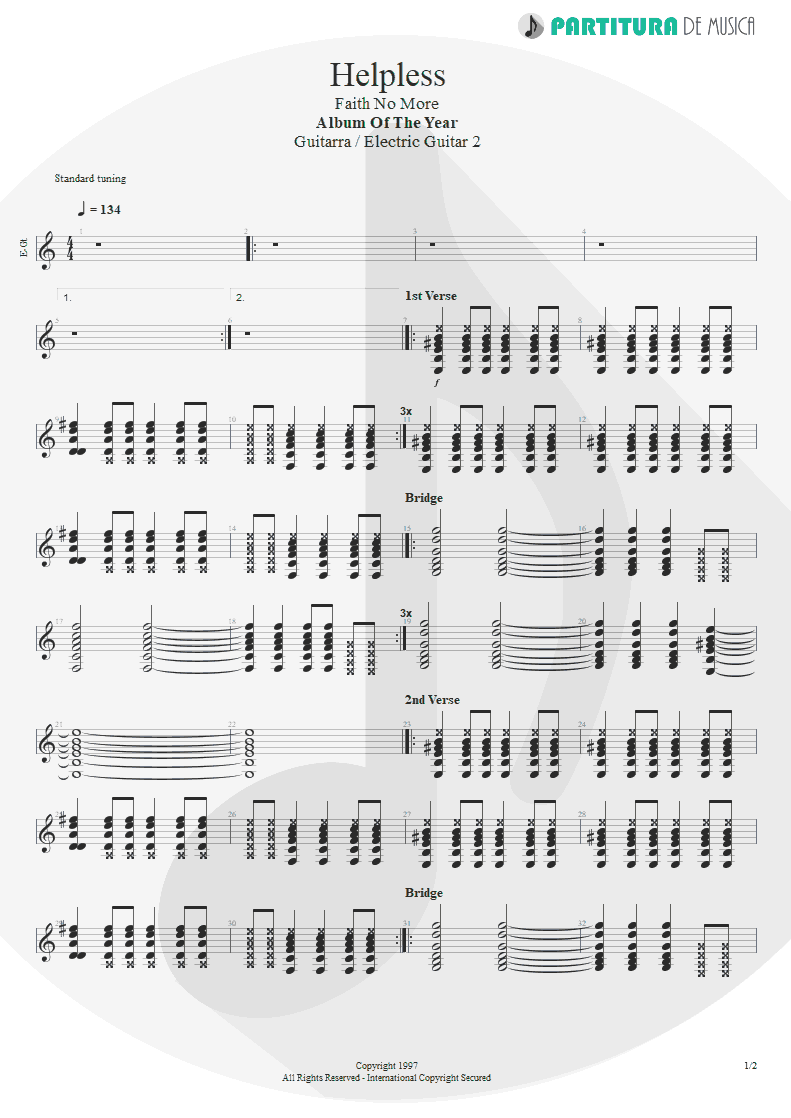 Partitura de musica de Guitarra Elétrica - Helpless | Faith No More | Album of the Year 1997 - pag 1