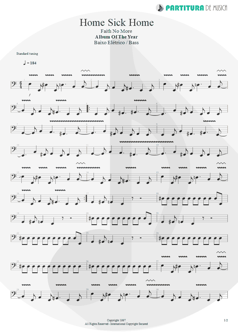 Partitura de musica de Baixo Elétrico - Home Sick Home | Faith No More | Album of the Year 1997 - pag 1