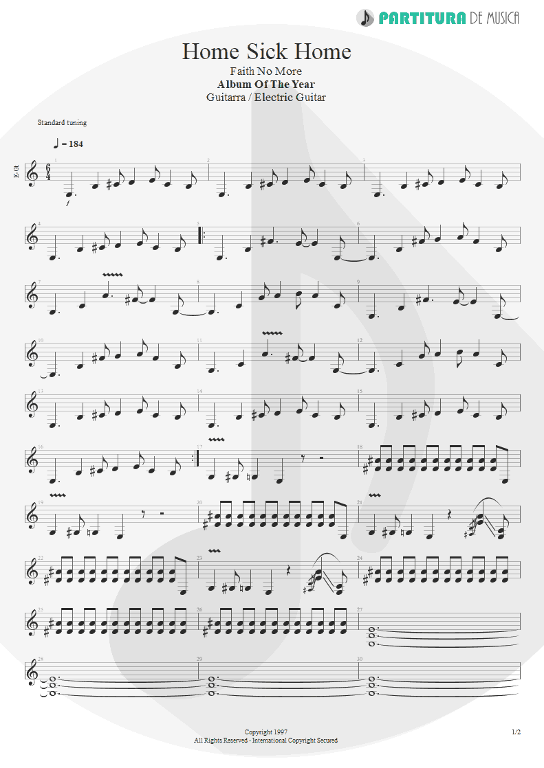 Partitura de musica de Guitarra Elétrica - Home Sick Home | Faith No More | Album of the Year 1997 - pag 1