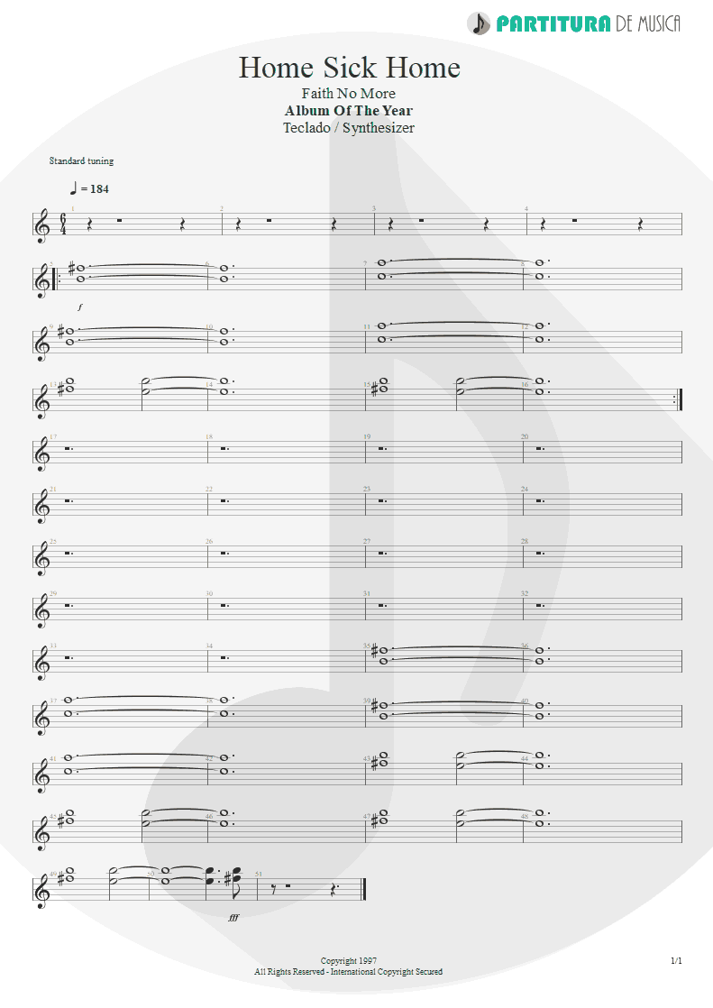 Partitura de musica de Teclado - Home Sick Home | Faith No More | Album of the Year 1997 - pag 1