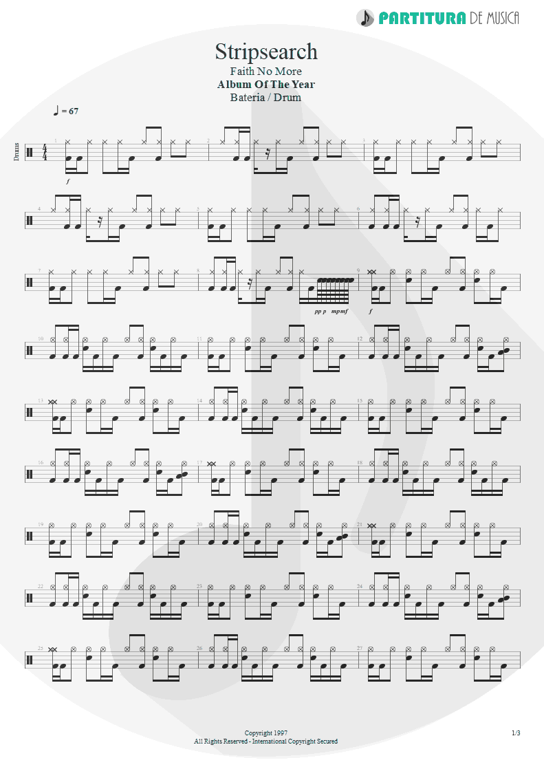 Partitura de musica de Bateria - Stripsearch | Faith No More | Album of the Year 1997 - pag 1