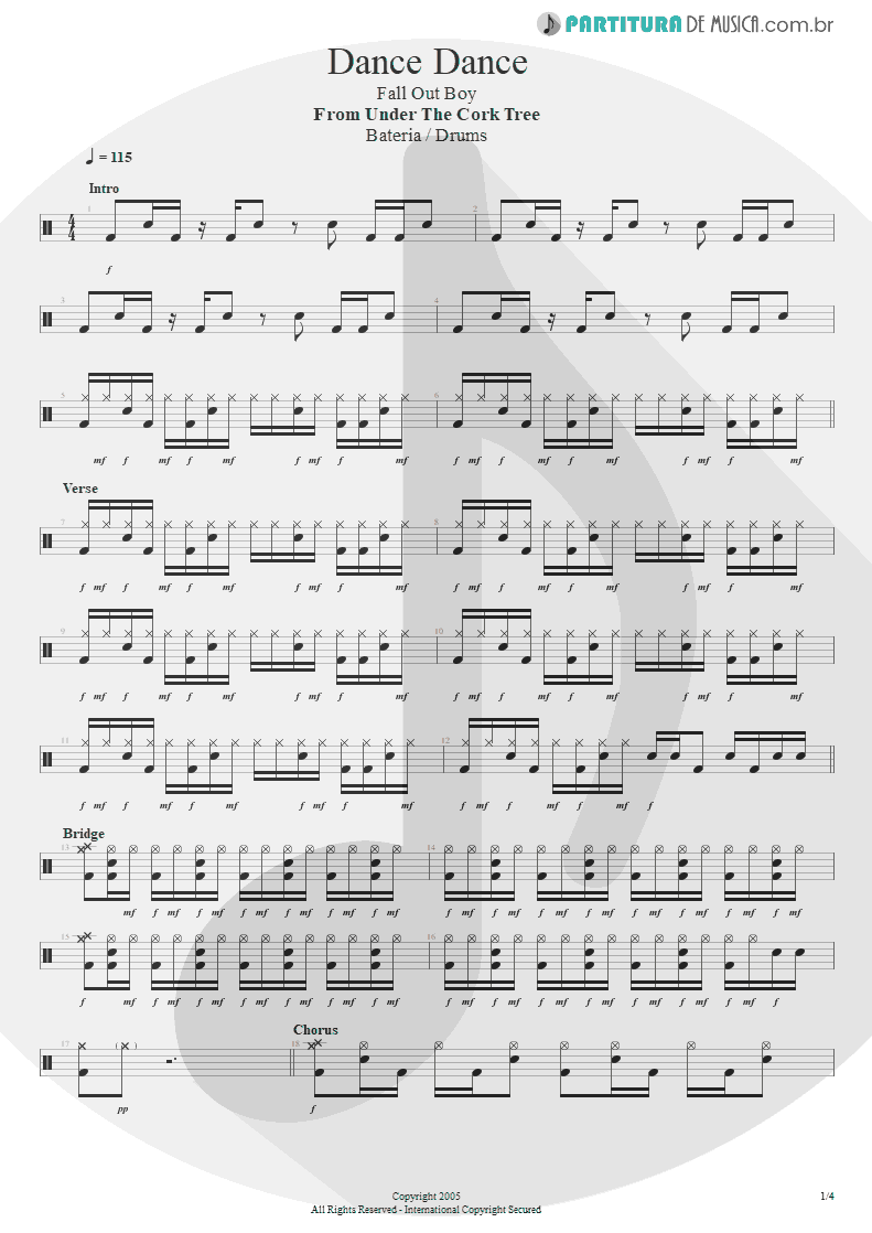 Partitura de musica de Bateria - Dance, Dance | Fall Out Boy | From Under the Cork Tree 2005 - pag 1