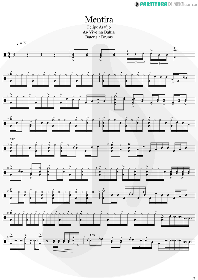 Partitura de musica de Bateria - Mentira | Felipe Araújo | Felipe Araújo In Brasília 2019 - pag 1