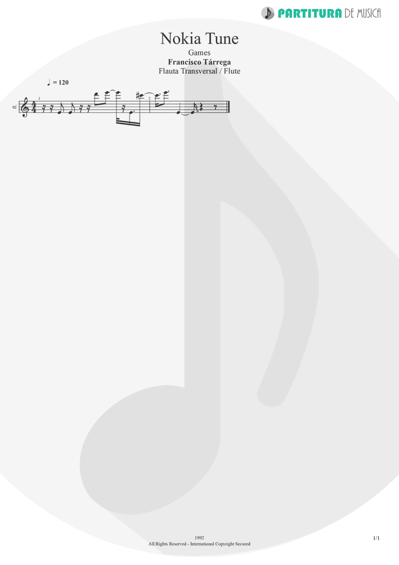 Partitura de musica de Flauta Transversal - Nokia Tune | Games | Francisco Tarrega 1902 - pag 1