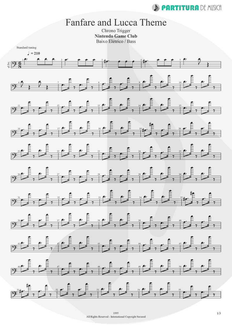 Partitura de musica de Baixo Elétrico - Fanfare and Lucca Theme | Games | Nintendo Game Club 1995 - pag 1