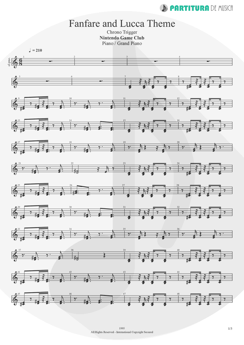 Partitura de musica de Piano - Fanfare and Lucca Theme | Games | Nintendo Game Club 1995 - pag 1
