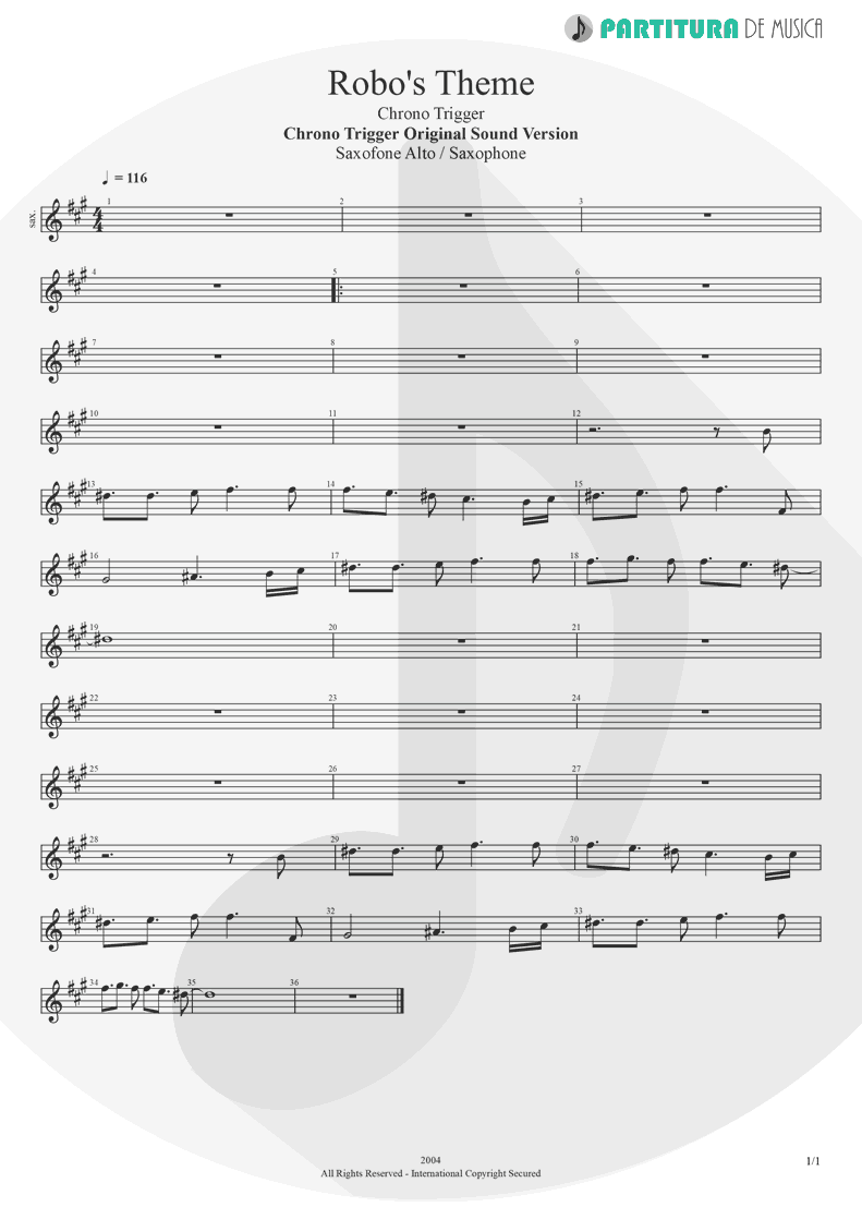 Partitura de musica de Saxofone Alto - Robo's Theme | Games | Chrono Trigger Original Sound Version 2004 - pag 1