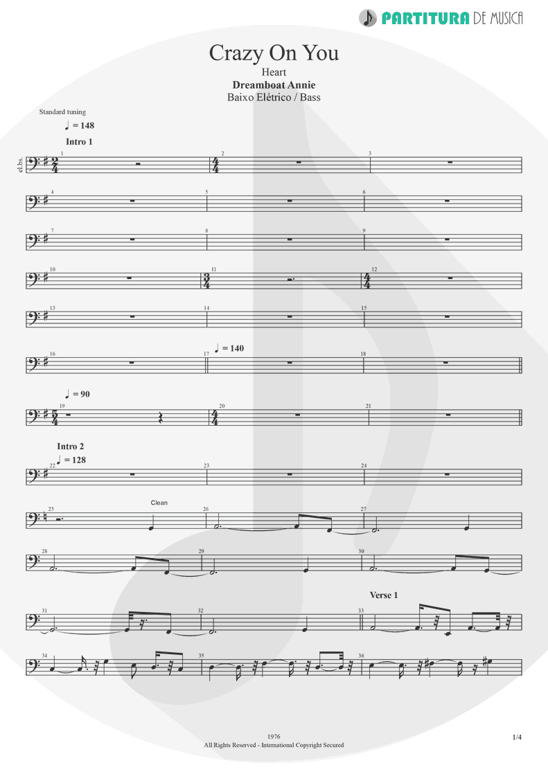 Partitura de musica de Baixo Elétrico - Crazy On You | Heart | Dreamboat Annie 1976 - pag 1