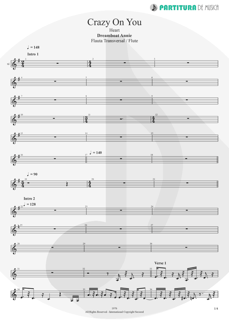 Partitura de musica de Flauta Transversal - Crazy On You | Heart | Dreamboat Annie 1976 - pag 1