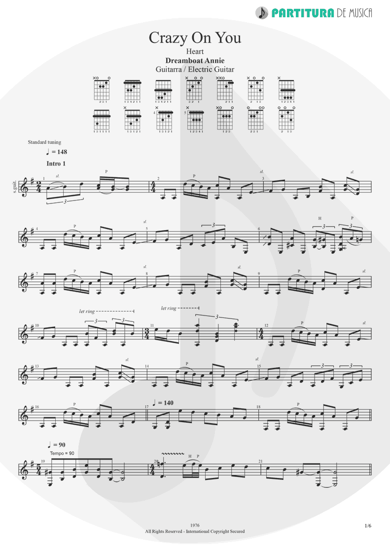 Partitura de musica de Guitarra Elétrica - Crazy On You | Heart | Dreamboat Annie 1976 - pag 1