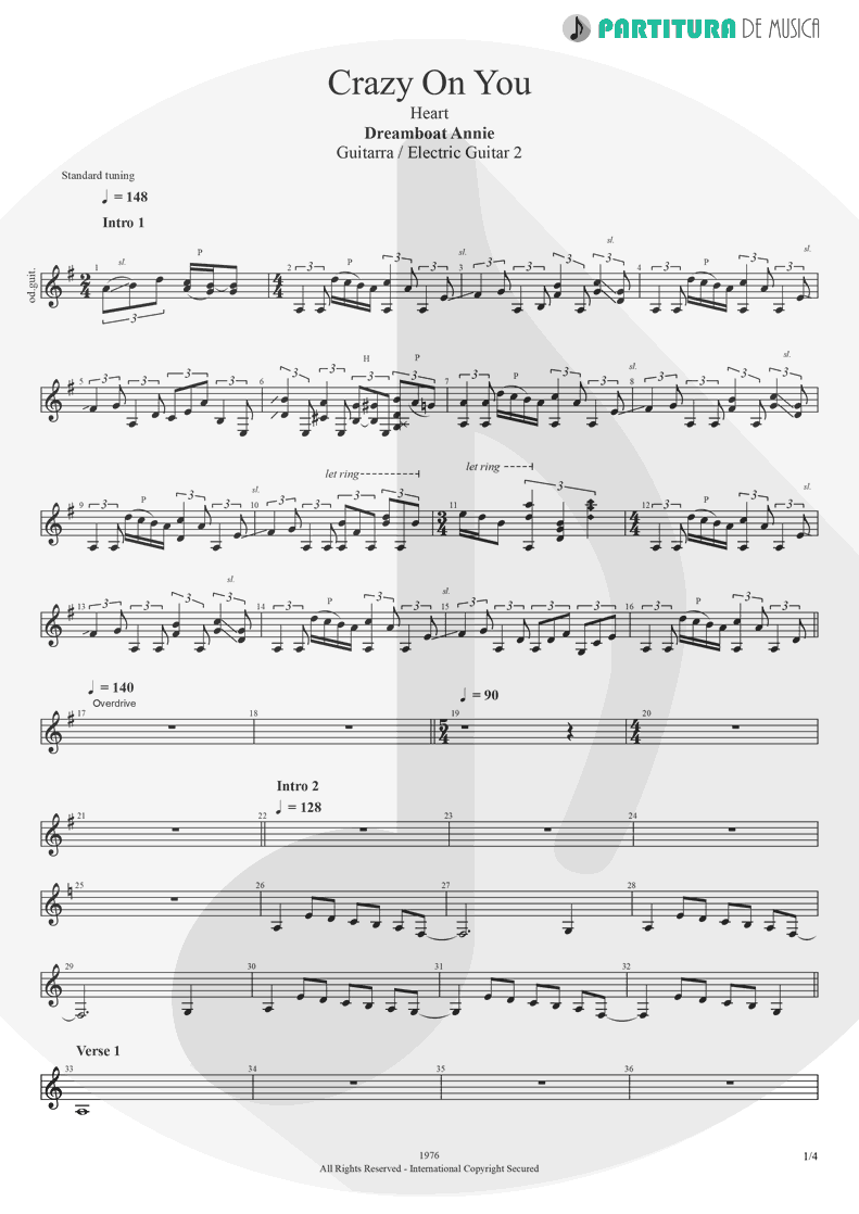 Partitura de musica de Guitarra Elétrica - Crazy On You | Heart | Dreamboat Annie 1976 - pag 1