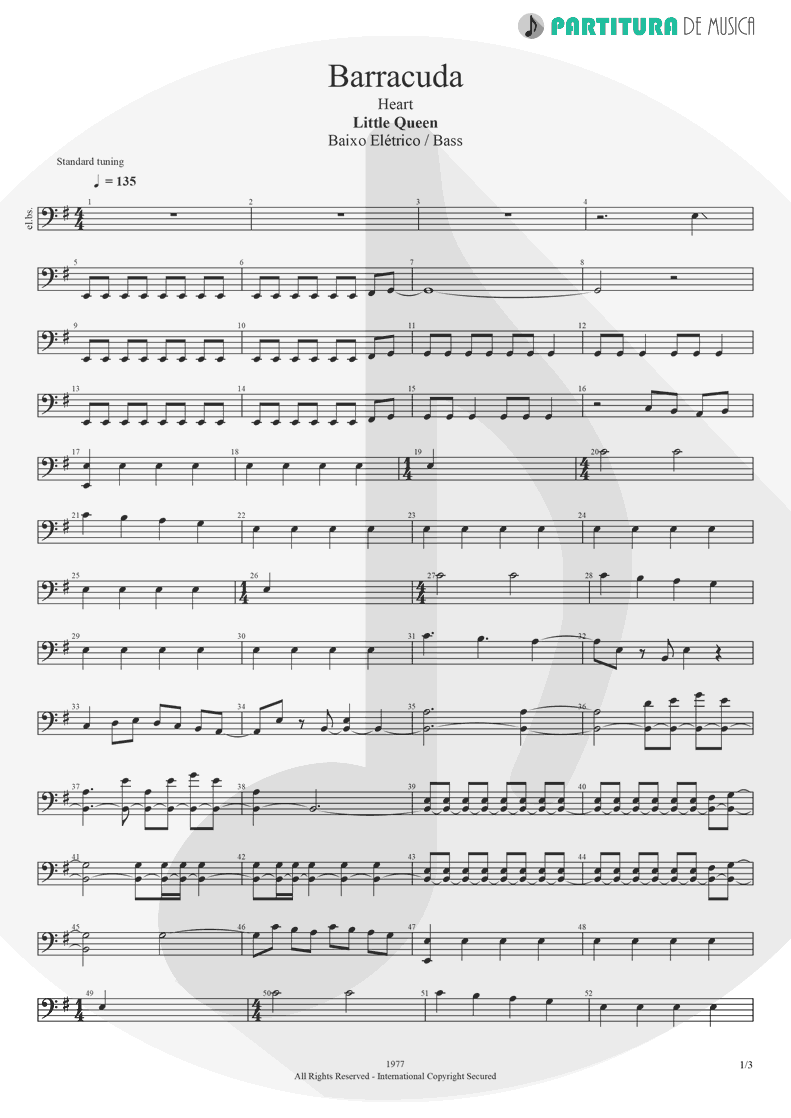 Partitura de musica de Baixo Elétrico - Barracuda | Heart | Little Queen 1977 - pag 1