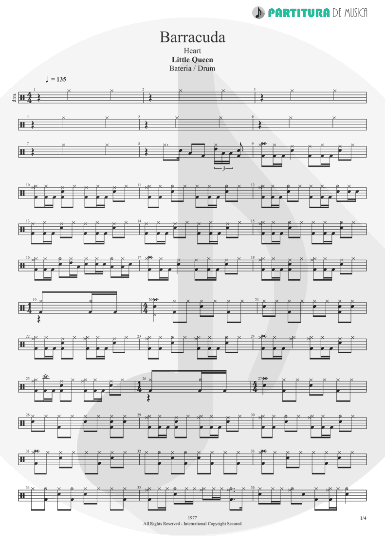 Partitura de musica de Bateria - Barracuda | Heart | Little Queen 1977 - pag 1