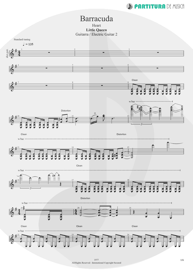 Partitura de musica de Guitarra Elétrica - Barracuda | Heart | Little Queen 1977 - pag 1
