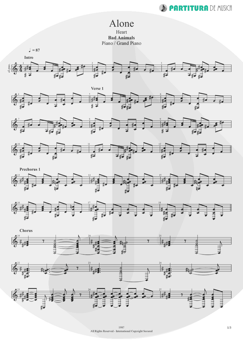 Partitura de musica de Piano - Alone | Heart | Bad Animals 1987 - pag 1