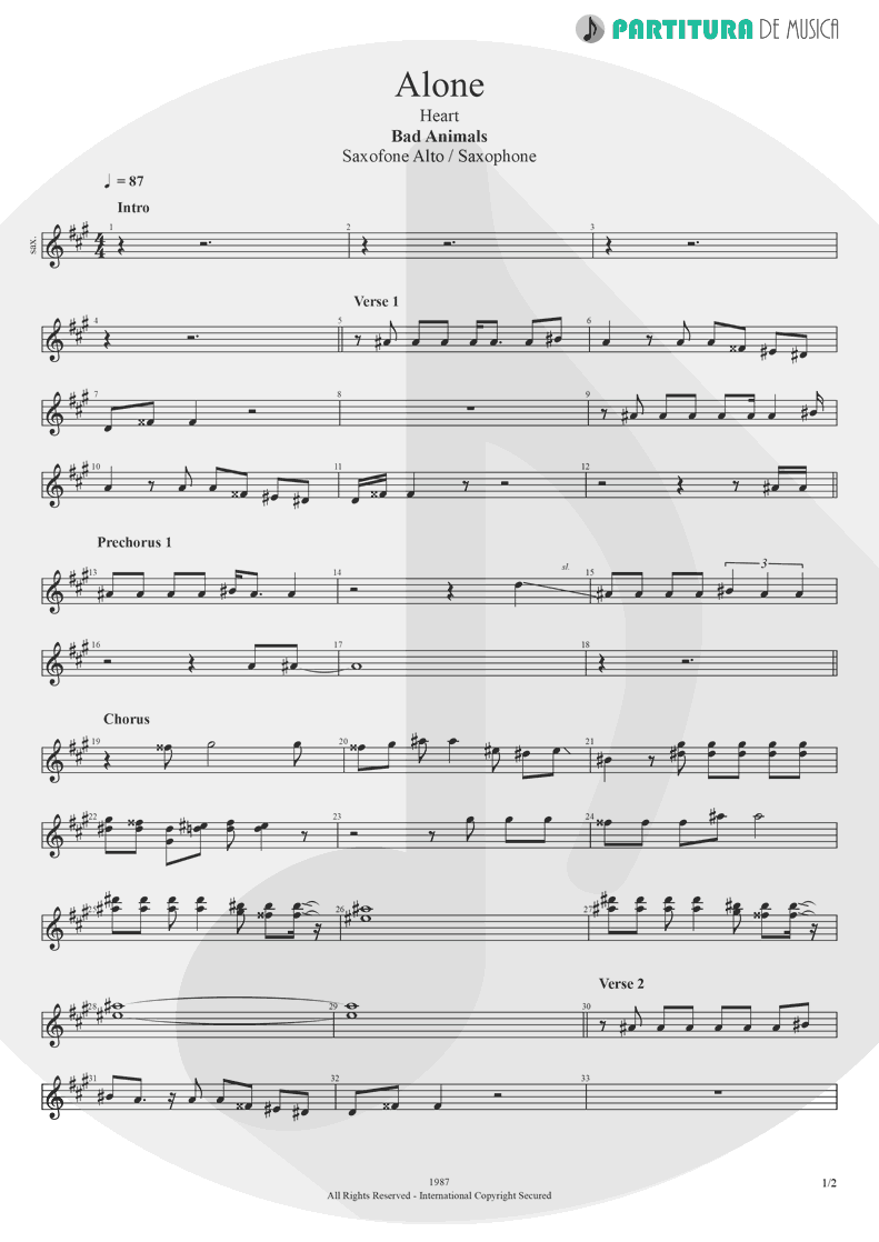 Partitura de musica de Saxofone Alto - Alone | Heart | Bad Animals 1987 - pag 1