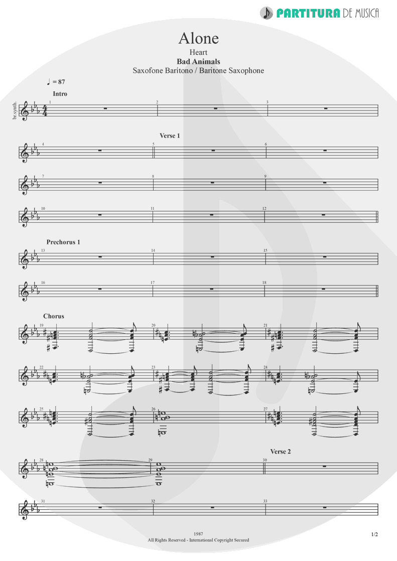 Partitura de musica de Saxofone Barítono - Alone | Heart | Bad Animals 1987 - pag 1