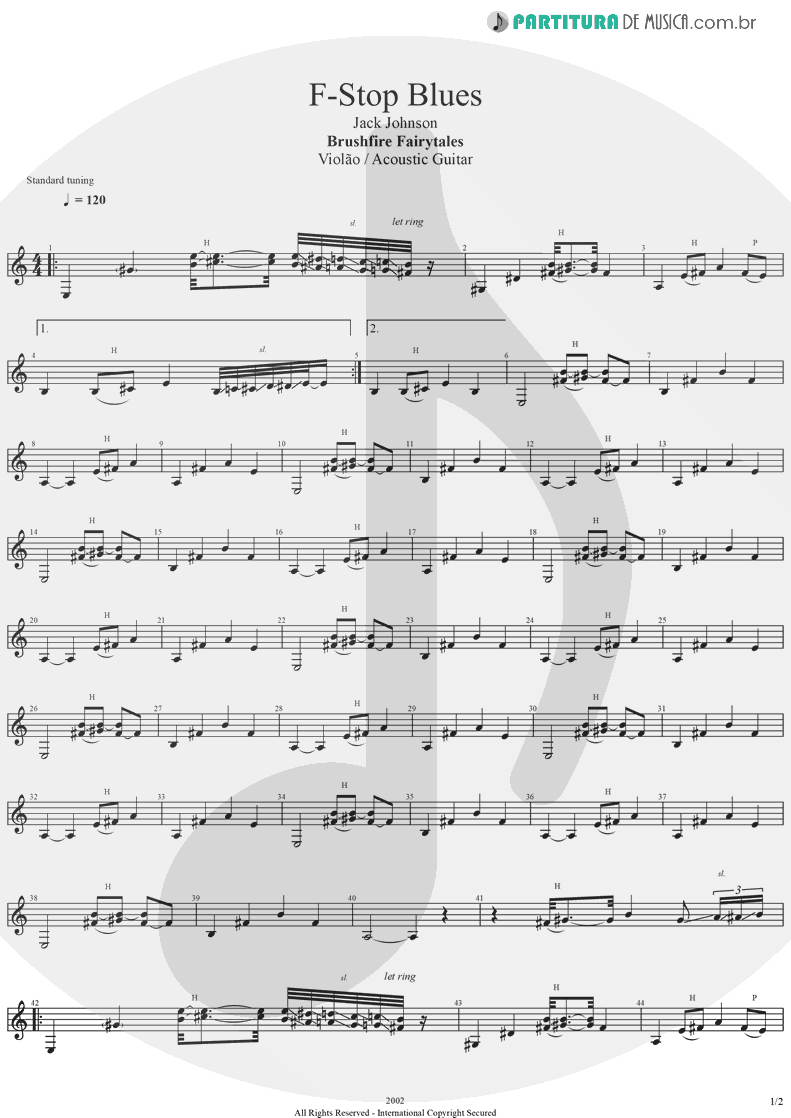 Partitura de musica de Violão - F-Stop Blues | Jack Johnson | Brushfire Fairytales 2002 - pag 1