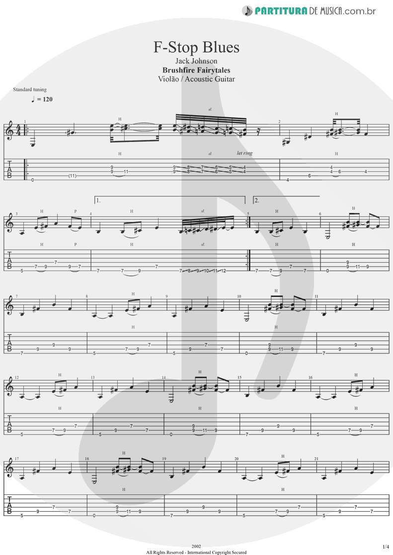 Tablatura + Partitura de musica de Violão - F-Stop Blues | Jack Johnson | Brushfire Fairytales 2002 - pag 1