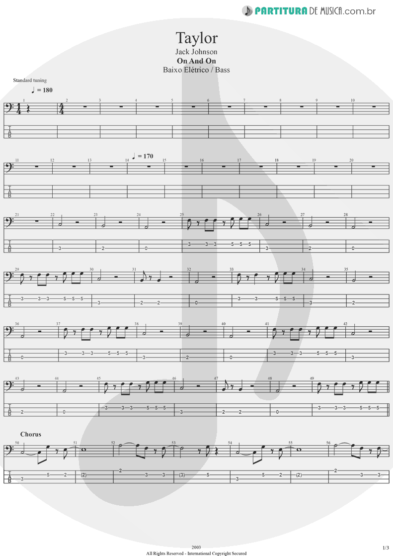 Tablatura + Partitura de musica de Baixo Elétrico - Taylor | Jack Johnson | On And On 2003 - pag 1