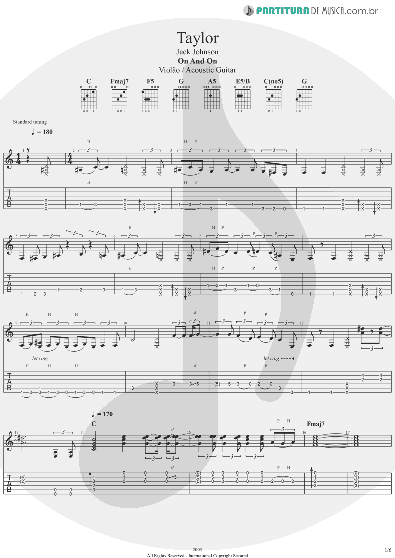 Tablatura + Partitura de musica de Violão - Taylor | Jack Johnson | On And On 2003 - pag 1