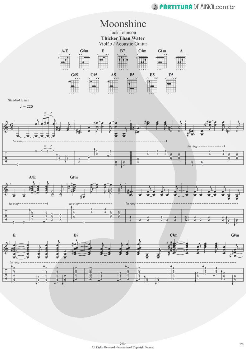 Tablatura + Partitura de musica de Violão - Moonshine | Jack Johnson | Thicker Than Water 2003 - pag 1