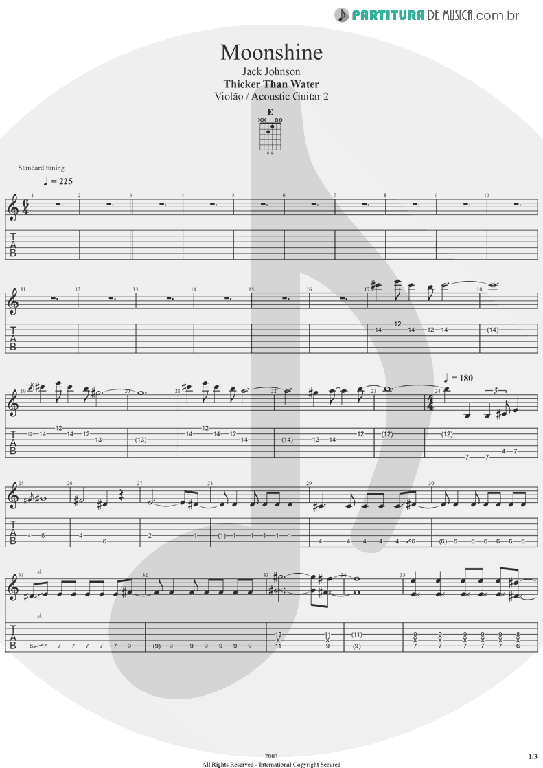 Tablatura + Partitura de musica de Violão - Moonshine | Jack Johnson | Thicker Than Water 2003 - pag 1