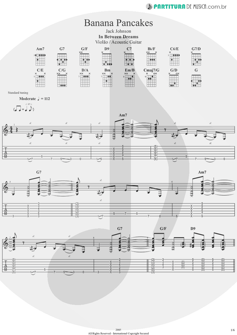 Tablatura + Partitura de musica de Violão - Banana Pancakes | Jack Johnson | In Between Dreams 2005 - pag 1