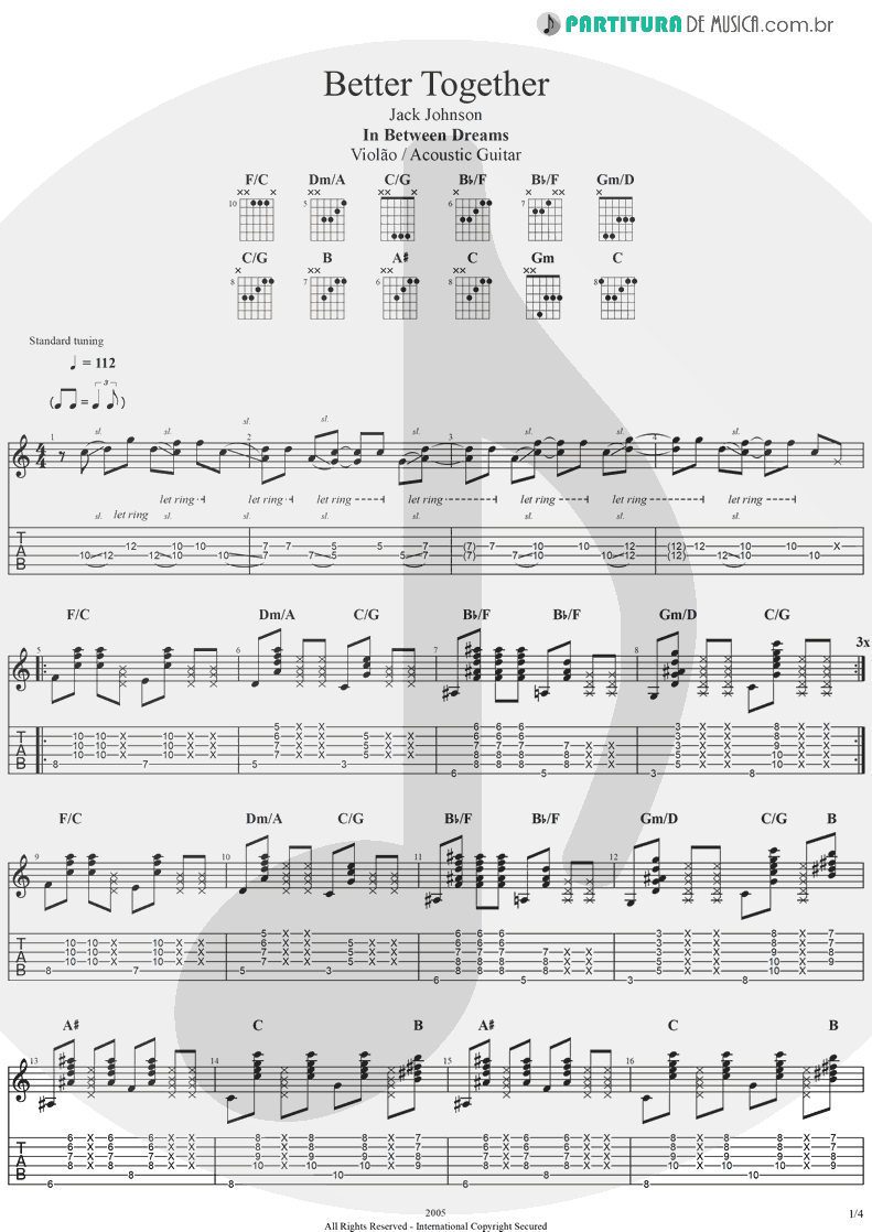 Tablatura + Partitura de musica de Violão - Better Together | Jack Johnson | In Between Dreams 2005 - pag 1