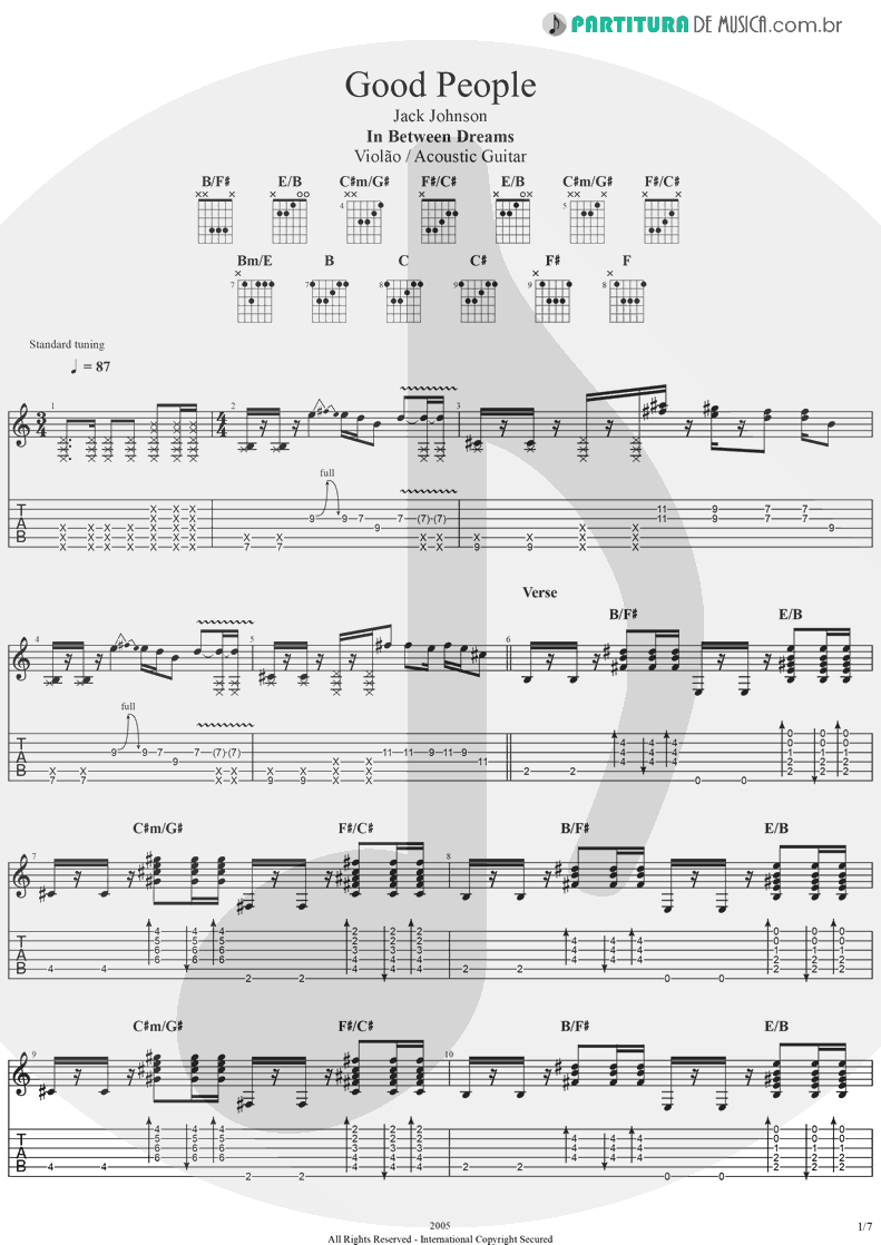 Tablatura + Partitura de musica de Violão - Good People | Jack Johnson | In Between Dreams 2005 - pag 1