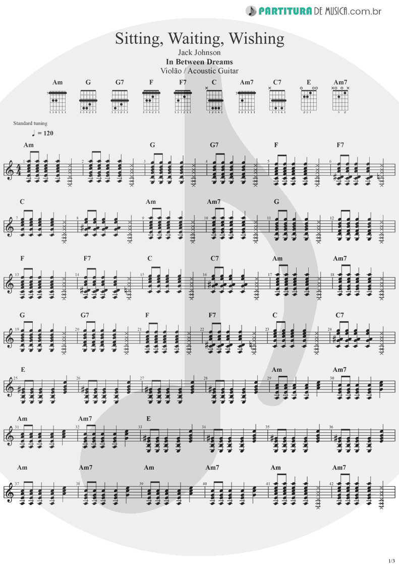 Partitura de musica de Violão - Sitting, Waiting, Wishing | Jack Johnson | In Between Dreams 2005 - pag 1